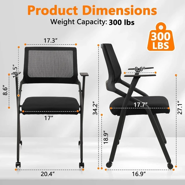 Alt view image 10 of 14 - CLATINA Ergonomic Stackable & Foldable Conference Room Chairs, Mesh Office Chair with Arms and Wheels for Office Waiting Room Meeting Black Lobby Church School Receptions and Training Black (8 pk)