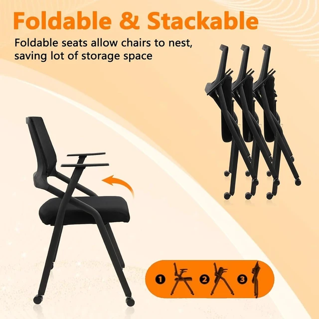 Alt view image 14 of 14 - CLATINA Ergonomic Stackable & Foldable Conference Room Chairs, Mesh Office Chair with Arms and Wheels for Office Waiting Room Meeting Black Lobby Church School Receptions and Training Black (8 pk)