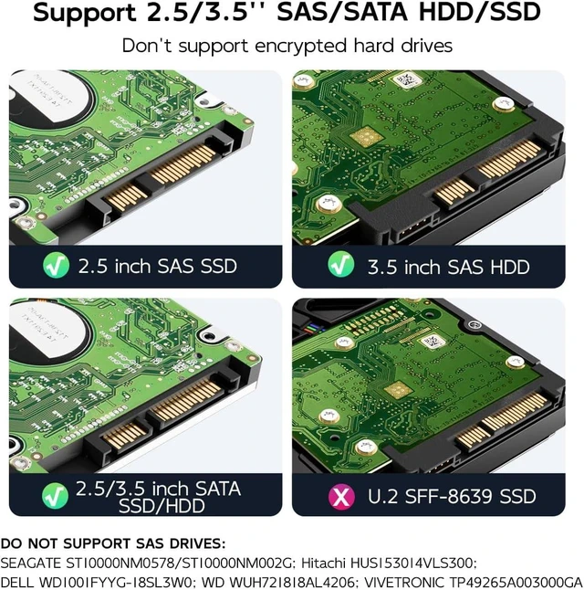 Alt view image 9 of 14 - SAS to USB 3.0 Adapter, SAS SATA Hard Drive Enclosure Reader for 2.5 3.5 Inch HDD SSD, 24TB Capacity, External Hard Drive Docking Station with 12V/2A Power, Tool Free