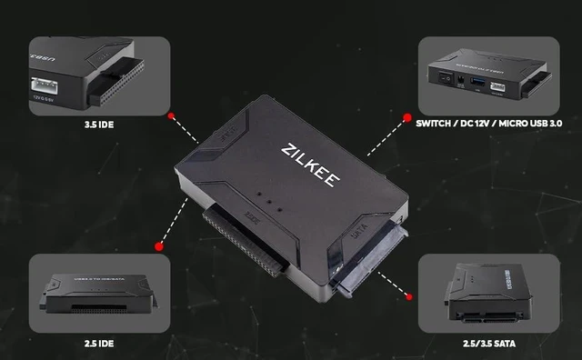 Alt view image 8 of 10 - ZILKEE SATA/IDE to USB 3.0 Hard Drive Adapter - Universal Converter for 2.5/3.5 IDE & SATA HDD/SSD, External Drive Reader with 12V Power Supply, Supports up to 6TB