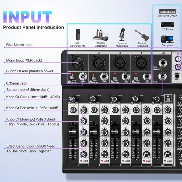 Alt view image 9 of 14 - 6 Channel Audio Interface Sound Board Mixing Console 16-Bit DSP DJ Mixer Audio Reverb Effect +48V Phantom Bluetooth Studio Audio Mixer For Karaoke Studio Streaming Recording