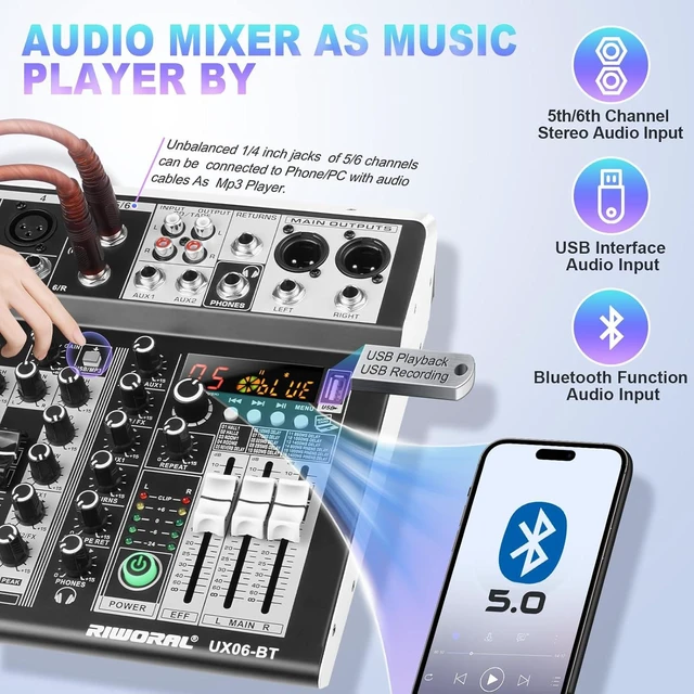 Alt view image 11 of 14 - 6 Channel Audio Interface Sound Board Mixing Console 16-Bit DSP DJ Mixer Audio Reverb Effect +48V Phantom Bluetooth Studio Audio Mixer For Karaoke Studio Streaming Recording