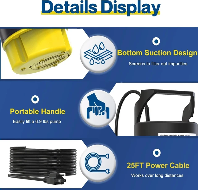 Alt view image 10 of 14 - 1/2HP Submersible Water Pump, 2200GPH Portable Sump Pump for Pool Draining, Pool Cover Pump with 25FT Power Cord for Basements, Pool, Fountains, Hot Tub, Garden, Yellow