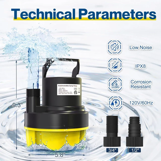 Alt view image 9 of 14 - 1/2HP Submersible Water Pump, 2200GPH Portable Sump Pump for Pool Draining, Pool Cover Pump with 25FT Power Cord for Basements, Pool, Fountains, Hot Tub, Garden, Yellow