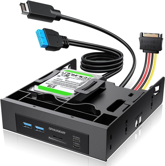 Alt view image 8 of 14 - 5.25 Front Panel USB Hub, Internal SD/microSD Card Reader for Desktop PC, Gen2x2 20Gbps USB-C Port, Dual 2.5" SSD/HDD Slots, USB3.2 Type-E Key-A & USB3.0 19-Pin Header