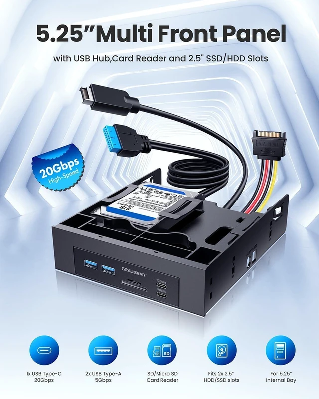Alt view image 9 of 14 - 5.25 Front Panel USB Hub, Internal SD/microSD Card Reader for Desktop PC, Gen2x2 20Gbps USB-C Port, Dual 2.5" SSD/HDD Slots, USB3.2 Type-E Key-A & USB3.0 19-Pin Header