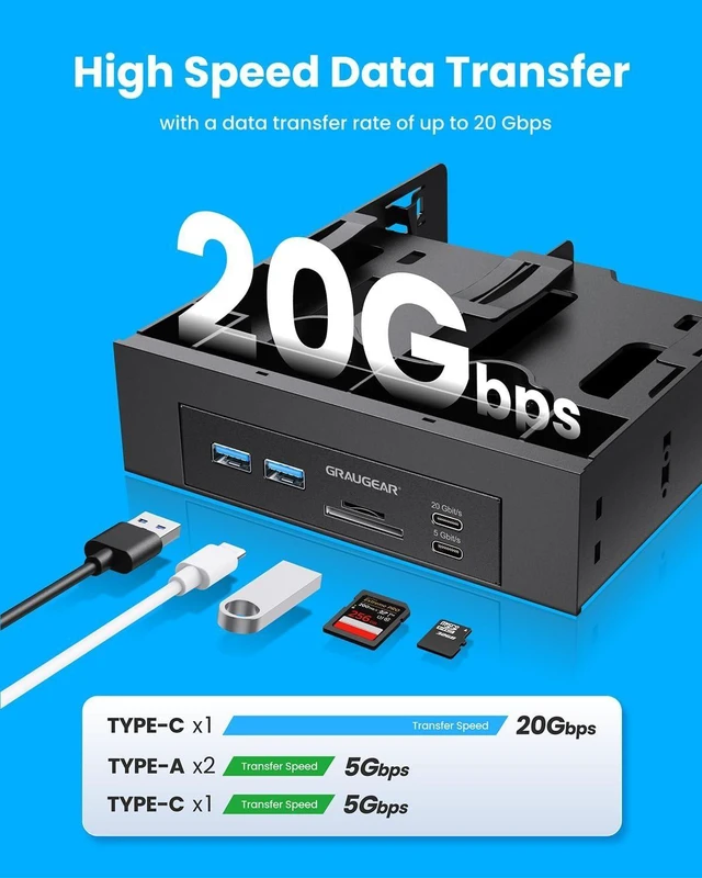 Alt view image 10 of 14 - 5.25 Front Panel USB Hub, Internal SD/microSD Card Reader for Desktop PC, Gen2x2 20Gbps USB-C Port, Dual 2.5" SSD/HDD Slots, USB3.2 Type-E Key-A & USB3.0 19-Pin Header
