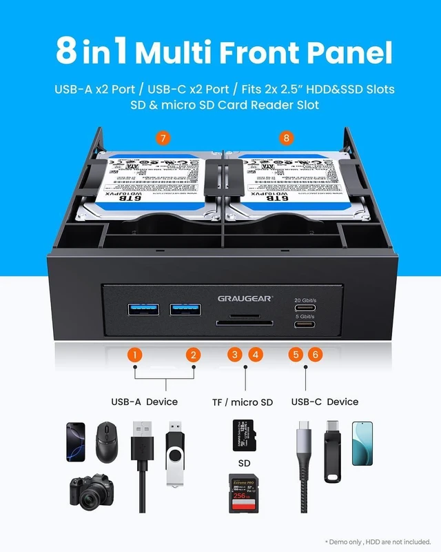 Alt view image 12 of 14 - 5.25 Front Panel USB Hub, Internal SD/microSD Card Reader for Desktop PC, Gen2x2 20Gbps USB-C Port, Dual 2.5" SSD/HDD Slots, USB3.2 Type-E Key-A & USB3.0 19-Pin Header