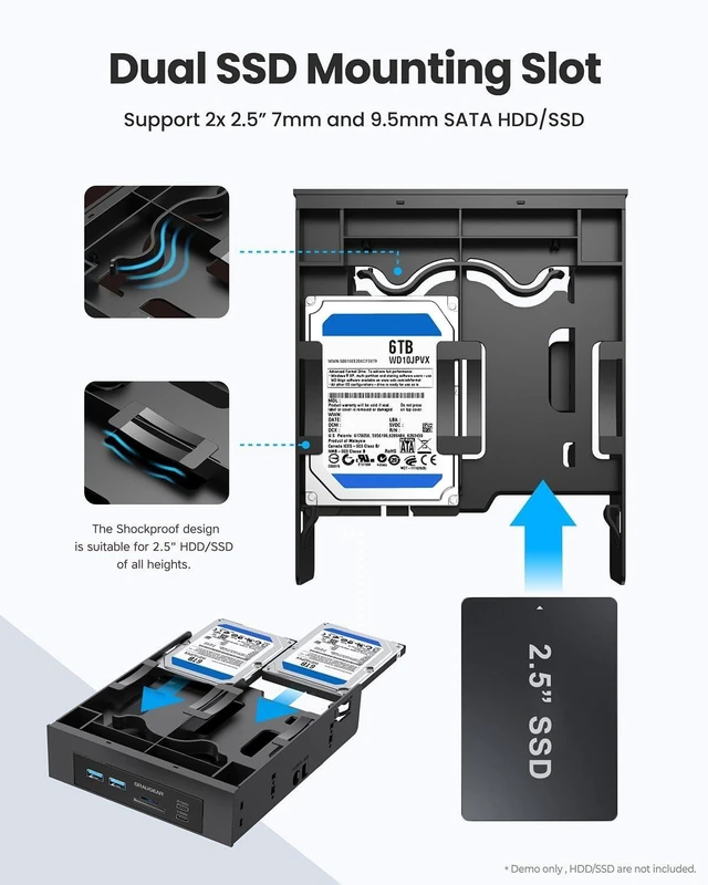 Alt view image 13 of 14 - 5.25 Front Panel USB Hub, Internal SD/microSD Card Reader for Desktop PC, Gen2x2 20Gbps USB-C Port, Dual 2.5" SSD/HDD Slots, USB3.2 Type-E Key-A & USB3.0 19-Pin Header