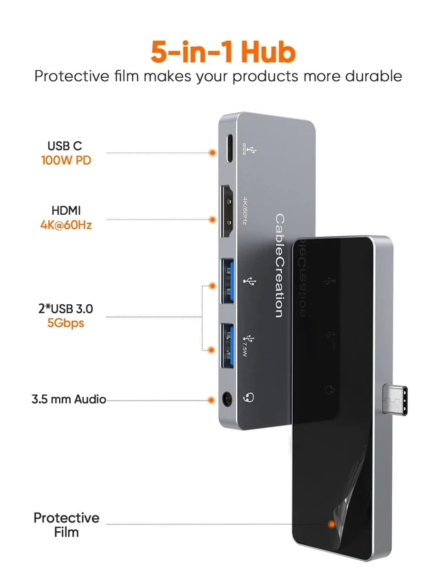 Alt view image 7 of 10 - iPad Pro USB C Hub, CableCreation 5 in 1 Microsoft Surface USB C Hub Adapter with 4K HDMI, 3.5mm Headphone Jack, USBC 100W PD Charging 5Gbps USB, iPad Headphone Adapter Multiport for iPad