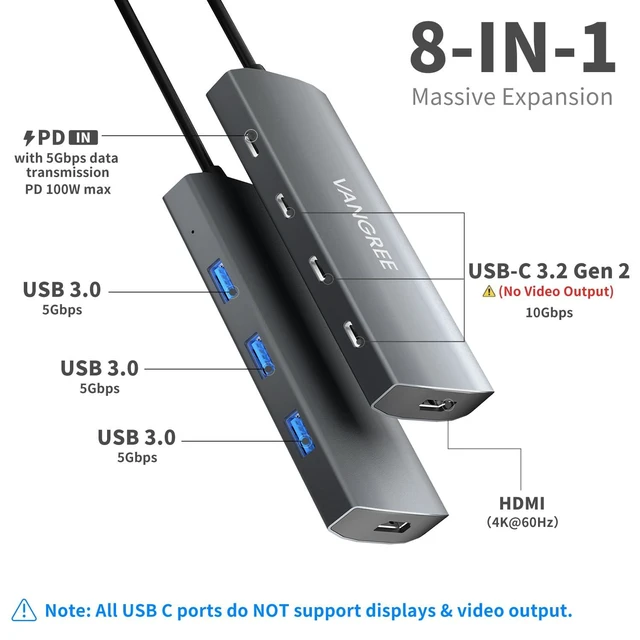Alt view image 7 of 10 - VANGREE USB C Hub, 3 USB 3.2 Gen 2 Ports with 10Gbps, 4K@60Hz HDMI, 100W Power Delivery, 3 USB-A 3.0 Ports, USB C Splitter Multiport Adapter Extender for MacBook Pro/Air, iPad Pro, Mac mini and More