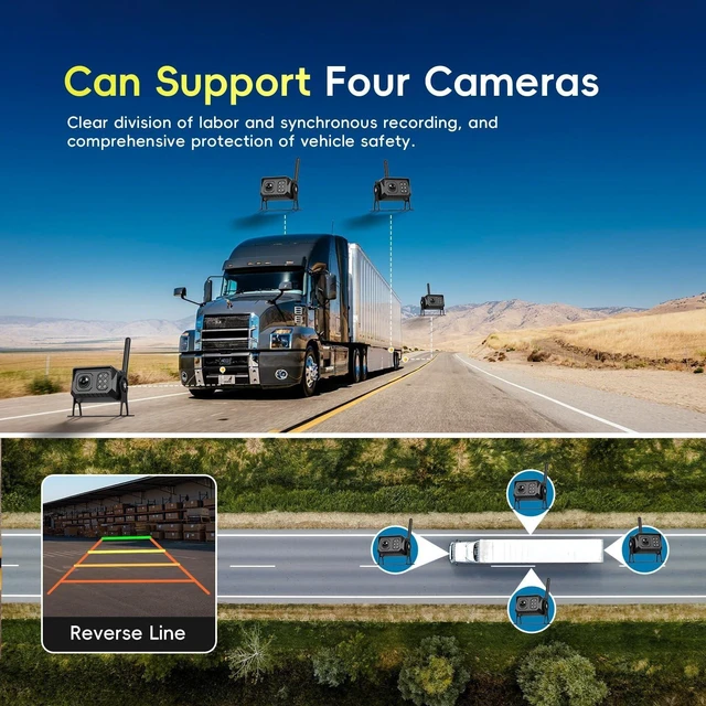 Alt view image 7 of 10 - Wireless Backup Camera for Trucks, RV Backup Camera Wireless with 7" HD Monitor 4 Channels Split Screen, BSD Alert, IP68 Waterproof,IR Night Vision Wide Angle, DIY Guide Lines, Loop Recording