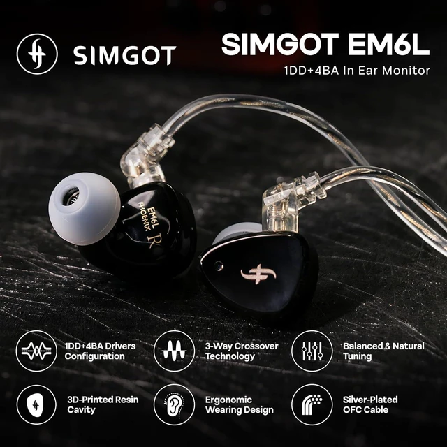 Alt view image 9 of 14 - SIMGOT EM6L 1DD + 4BA Hybrid Driver in-Ear Monitor, Gaming Earbud, HiFi IEM Earphone with 3D-Printed Resin Housing, Detachable OFC Silver-Plated Cable for Musician Audiophile