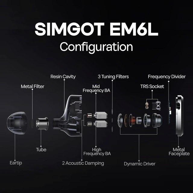 Alt view image 10 of 14 - SIMGOT EM6L 1DD + 4BA Hybrid Driver in-Ear Monitor, Gaming Earbud, HiFi IEM Earphone with 3D-Printed Resin Housing, Detachable OFC Silver-Plated Cable for Musician Audiophile