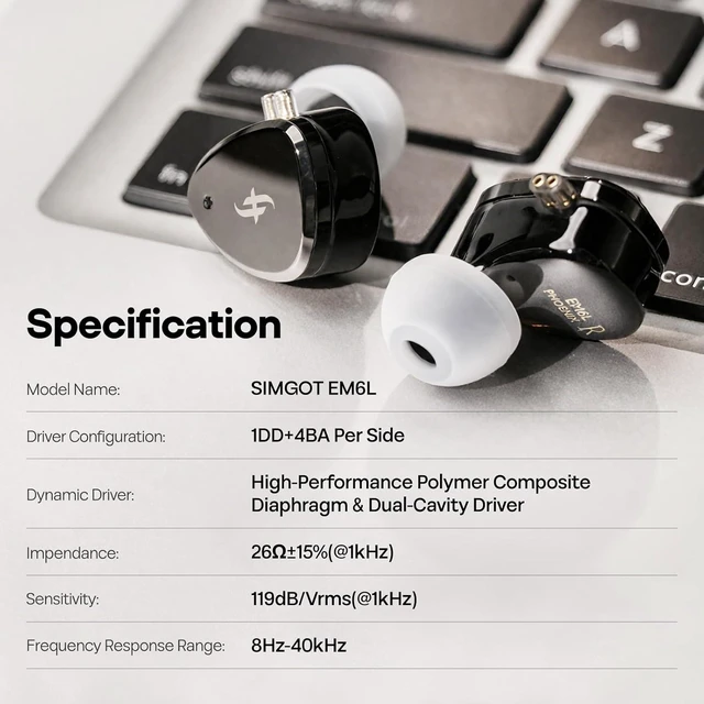 Alt view image 14 of 14 - SIMGOT EM6L 1DD + 4BA Hybrid Driver in-Ear Monitor, Gaming Earbud, HiFi IEM Earphone with 3D-Printed Resin Housing, Detachable OFC Silver-Plated Cable for Musician Audiophile