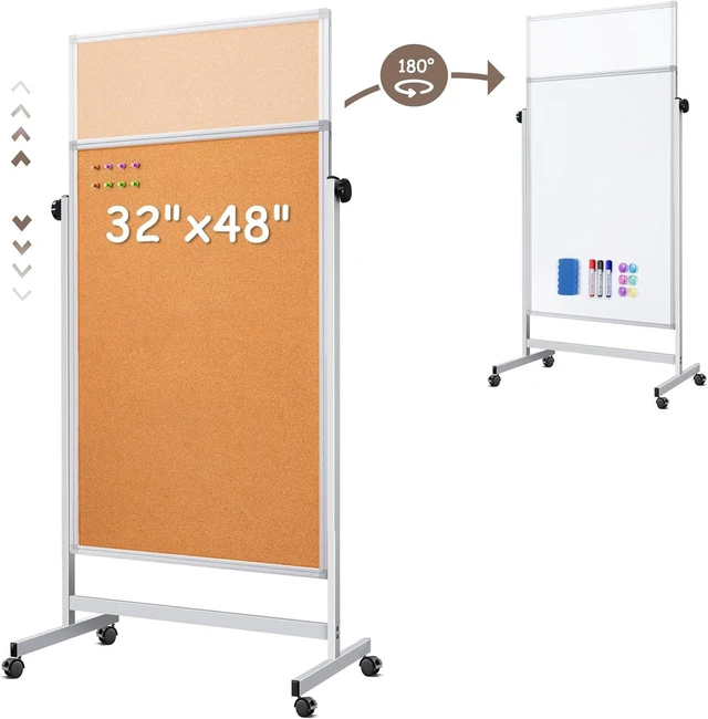 Alt view image 7 of 12 - Double Sided Cork Board White Board, 32 x 48 inches Large Cork Board for Office, Height Adjustable Magnetic Dry Erase Board on Wheels, Portable Freestanding Natural Corkboard for Displaying, Planning