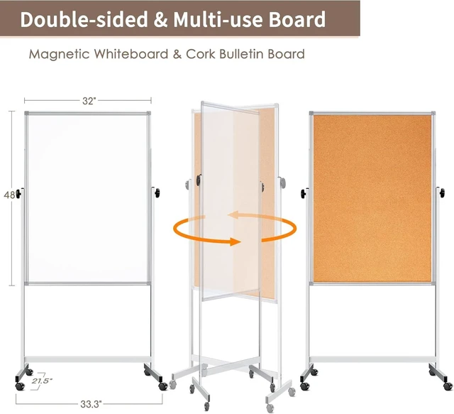 Alt view image 8 of 12 - Double Sided Cork Board White Board, 32 x 48 inches Large Cork Board for Office, Height Adjustable Magnetic Dry Erase Board on Wheels, Portable Freestanding Natural Corkboard for Displaying, Planning