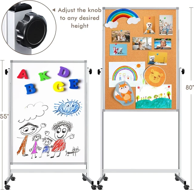Alt view image 9 of 12 - Double Sided Cork Board White Board, 32 x 48 inches Large Cork Board for Office, Height Adjustable Magnetic Dry Erase Board on Wheels, Portable Freestanding Natural Corkboard for Displaying, Planning