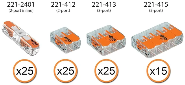 Alt view image 9 of 14 - WAGO 221 Lever Nuts 90pc Compact Splicing Wire Connector Assortment with Case. Includes 221-2401, 221-412, 221-413, 221-415