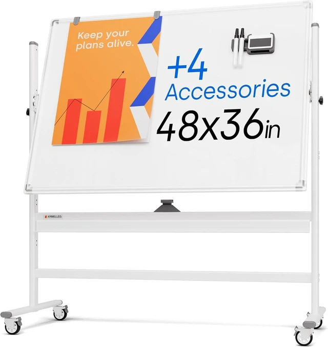 Alt view image 8 of 14 - Rolling Dry Erase Board 48 x 36 - Large Portable Magnetic Whiteboard with Stand - Double Sided Easel Style Whiteboard with Wheels - Mobile Standing White Board for Office, Classroom & Home