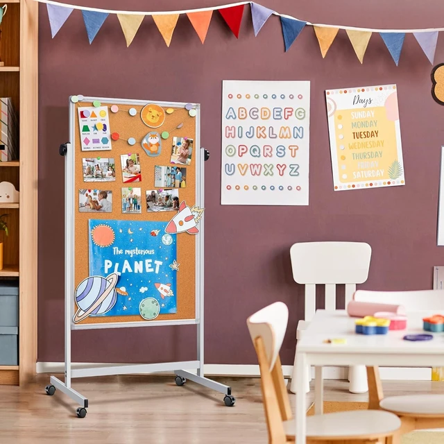 Alt view image 12 of 12 - Double Sided Cork Board White Board, 32 x 48 inches Large Cork Board for Office, Height Adjustable Magnetic Dry Erase Board on Wheels, Portable Freestanding Natural Corkboard for Displaying, Planning
