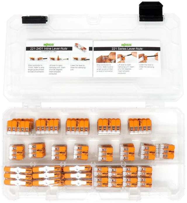 Alt view image 13 of 14 - WAGO 221 Lever Nuts 90pc Compact Splicing Wire Connector Assortment with Case. Includes 221-2401, 221-412, 221-413, 221-415