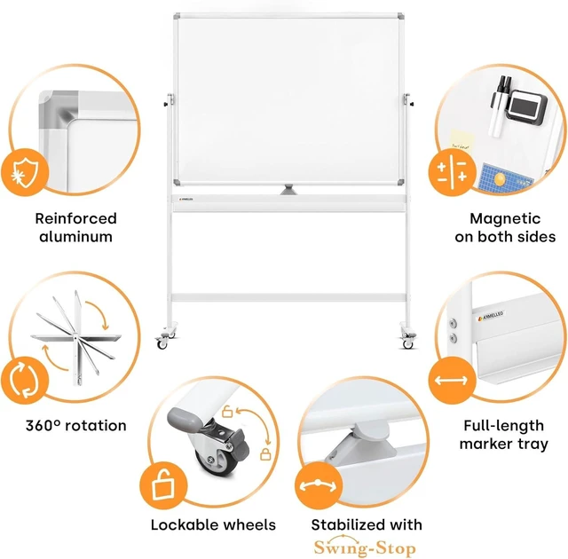 Alt view image 10 of 14 - Rolling Dry Erase Board 48 x 36 - Large Portable Magnetic Whiteboard with Stand - Double Sided Easel Style Whiteboard with Wheels - Mobile Standing White Board for Office, Classroom & Home