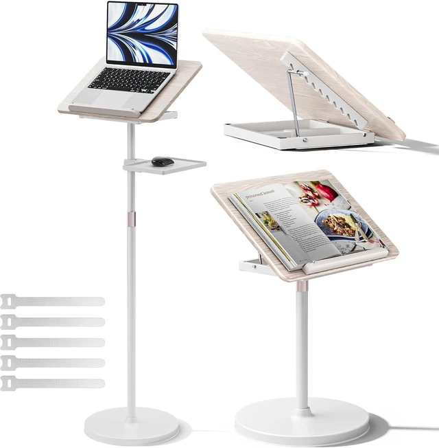 Alt view image 8 of 14 - 2 in 1 Adjustable Book Stand - Dual-Use Floor and Desktop Book Holder Stand, Height Adjustable 23.5-52 in, Elastic Page Clips for Music Sheet, Recipe, Tablet, Laptop-White