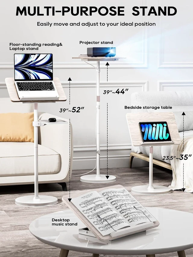 Alt view image 9 of 14 - 2 in 1 Adjustable Book Stand - Dual-Use Floor and Desktop Book Holder Stand, Height Adjustable 23.5-52 in, Elastic Page Clips for Music Sheet, Recipe, Tablet, Laptop-White