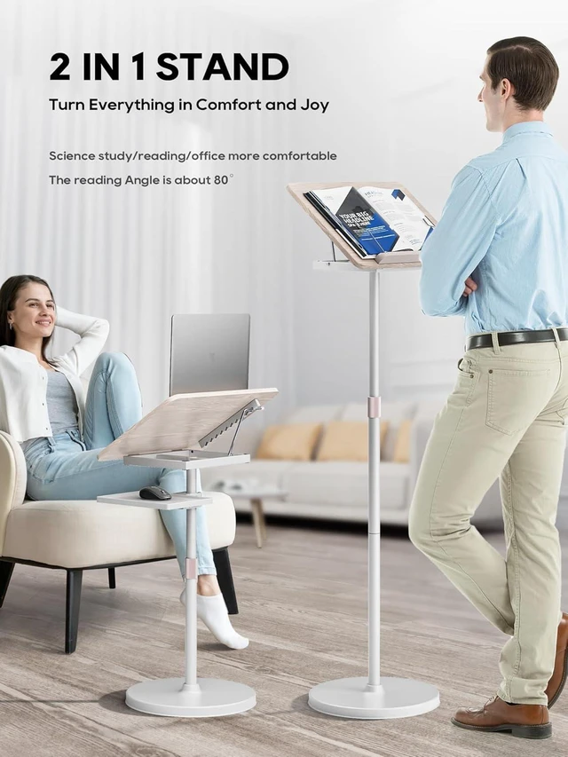 Alt view image 10 of 14 - 2 in 1 Adjustable Book Stand - Dual-Use Floor and Desktop Book Holder Stand, Height Adjustable 23.5-52 in, Elastic Page Clips for Music Sheet, Recipe, Tablet, Laptop-White