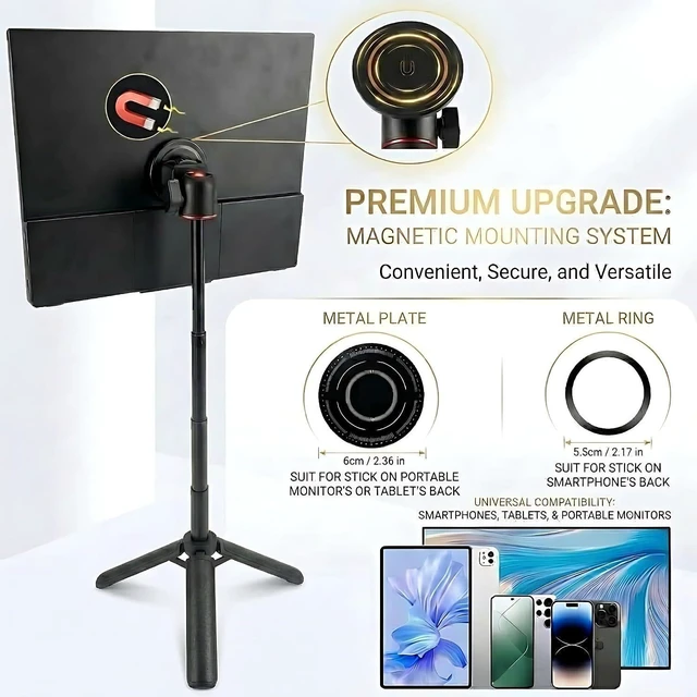 Alt view image 10 of 14 - Portable Travel Monitor Stand, Height Adjustable Magnetic Metal Tripod Mount for 15.6'' Portable Monitor, Foldable Vertical Screen Holder Fits 4.7-18.5'' Monitors & Tablets/Smartphones