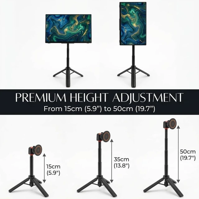 Alt view image 11 of 14 - Portable Travel Monitor Stand, Height Adjustable Magnetic Metal Tripod Mount for 15.6'' Portable Monitor, Foldable Vertical Screen Holder Fits 4.7-18.5'' Monitors & Tablets/Smartphones