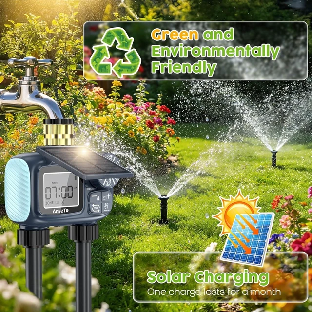 Alt view image 9 of 14 - Solar Sprinkler Timer,Brass Inlet Hose Timer for Garden Hose,Programmable Water Timers,Plant Watering Devices,Garden Watering System, Rain Delay/Manual/Automatic Irrigation System, 2 Outlet