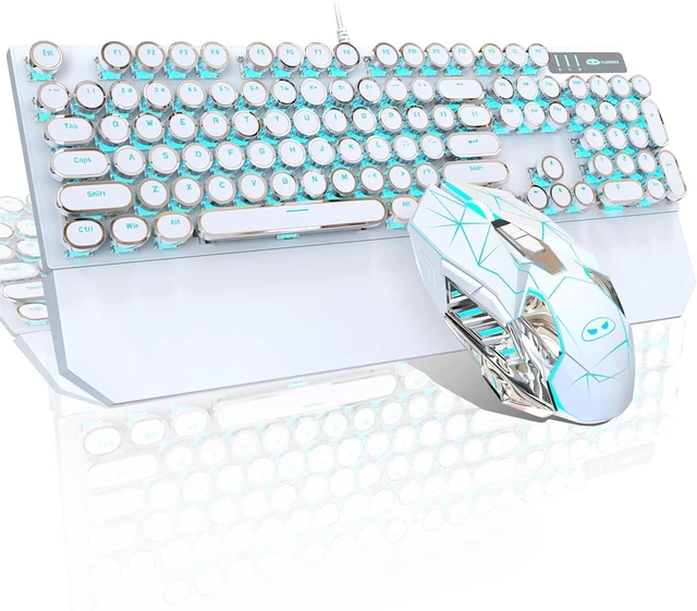 Alt view image 8 of 14 - Mechanical Gaming Keyboard and Mouse Combo, Retro Punk Round Keycaps RGB Rainbow Backlit Wired Keyboard for Game and Office, for Windows Laptop PC, Red Switches(White)