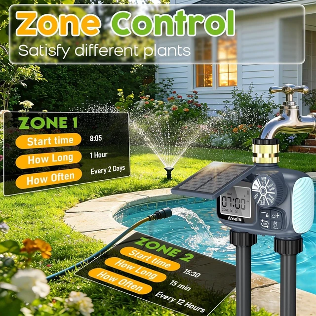 Alt view image 10 of 14 - Solar Sprinkler Timer,Brass Inlet Hose Timer for Garden Hose,Programmable Water Timers,Plant Watering Devices,Garden Watering System, Rain Delay/Manual/Automatic Irrigation System, 2 Outlet