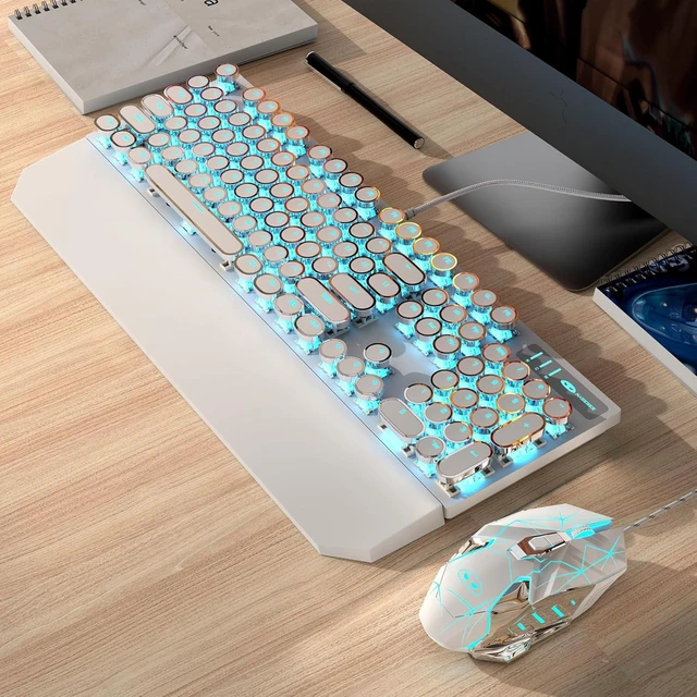 Alt view image 13 of 14 - Mechanical Gaming Keyboard and Mouse Combo, Retro Punk Round Keycaps RGB Rainbow Backlit Wired Keyboard for Game and Office, for Windows Laptop PC, Red Switches(White)