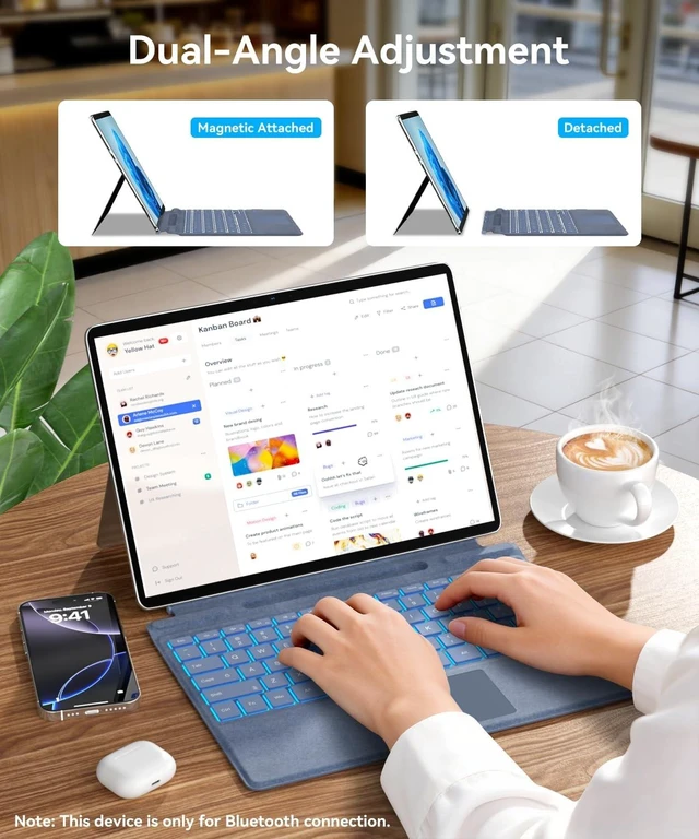 Alt view image 7 of 10 - Surface Pro Keyboard Blue, Wireless Ergonomic Type Cover for Microsoft Surface Pro 11/10/9/8/X 13 inch, Ultra-Slim Portable Magnetic Bluetooth Keyboard with 7 Color Backlit, Pen Holder, Trackpad
