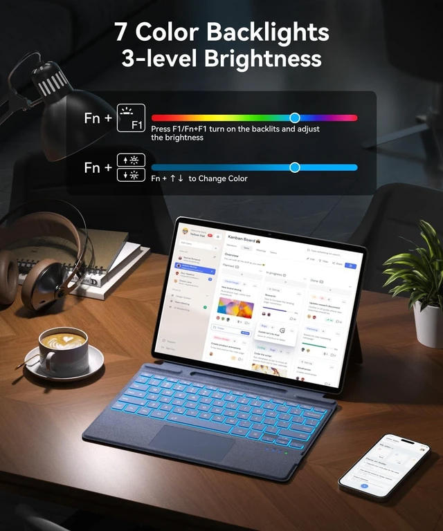 Alt view image 9 of 10 - Surface Pro Keyboard Blue, Wireless Ergonomic Type Cover for Microsoft Surface Pro 11/10/9/8/X 13 inch, Ultra-Slim Portable Magnetic Bluetooth Keyboard with 7 Color Backlit, Pen Holder, Trackpad