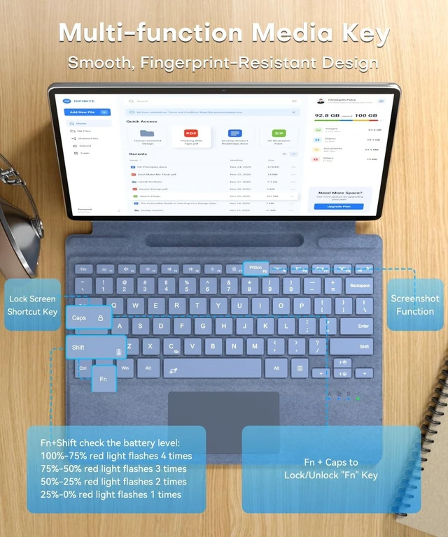 Alt view image 10 of 10 - Surface Pro Keyboard Blue, Wireless Ergonomic Type Cover for Microsoft Surface Pro 11/10/9/8/X 13 inch, Ultra-Slim Portable Magnetic Bluetooth Keyboard with 7 Color Backlit, Pen Holder, Trackpad