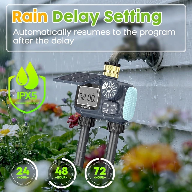 Alt view image 11 of 14 - Solar Sprinkler Timer,Brass Inlet Hose Timer for Garden Hose,Programmable Water Timers,Plant Watering Devices,Garden Watering System, Rain Delay/Manual/Automatic Irrigation System, 2 Outlet