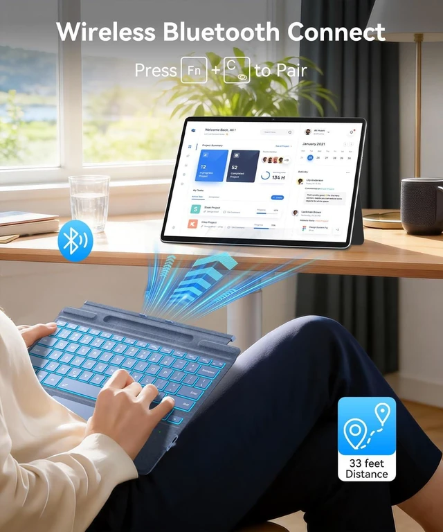 Alt view image 8 of 10 - Surface Pro Keyboard Blue, Wireless Ergonomic Type Cover for Microsoft Surface Pro 11/10/9/8/X 13 inch, Ultra-Slim Portable Magnetic Bluetooth Keyboard with 7 Color Backlit, Pen Holder, Trackpad