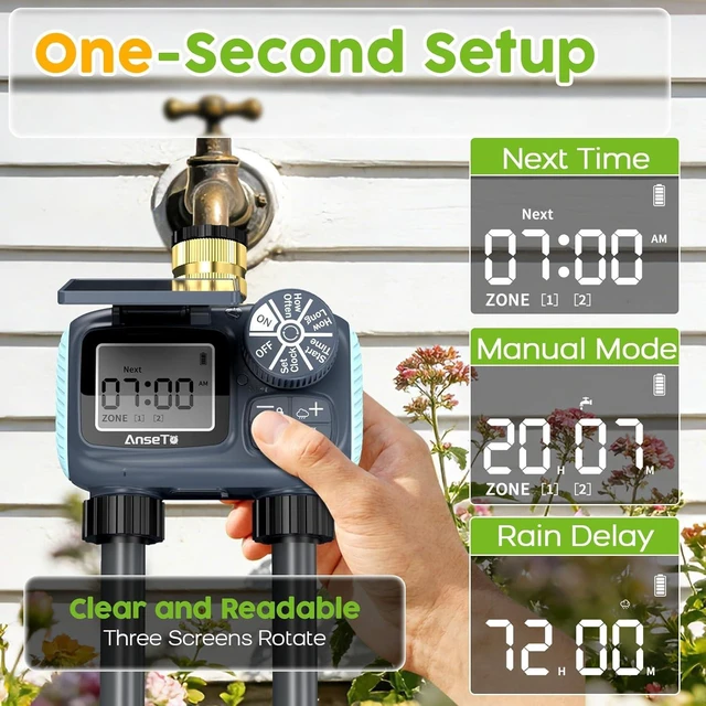Alt view image 12 of 14 - Solar Sprinkler Timer,Brass Inlet Hose Timer for Garden Hose,Programmable Water Timers,Plant Watering Devices,Garden Watering System, Rain Delay/Manual/Automatic Irrigation System, 2 Outlet