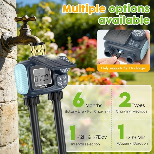 Alt view image 13 of 14 - Solar Sprinkler Timer,Brass Inlet Hose Timer for Garden Hose,Programmable Water Timers,Plant Watering Devices,Garden Watering System, Rain Delay/Manual/Automatic Irrigation System, 2 Outlet