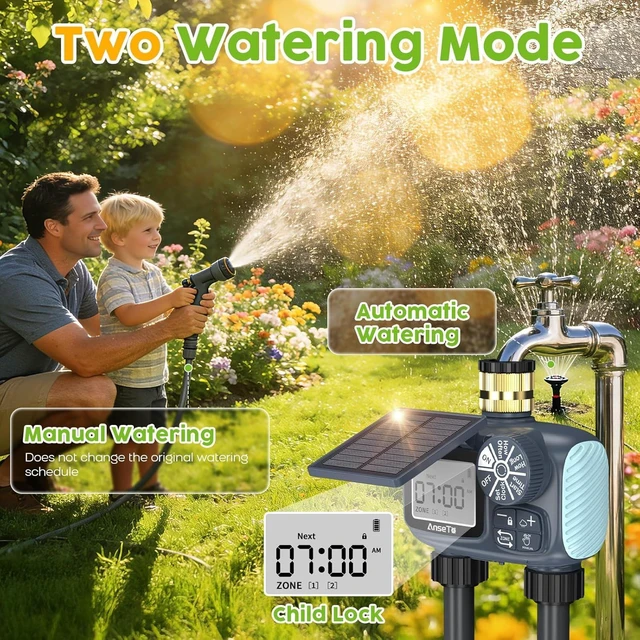 Alt view image 14 of 14 - Solar Sprinkler Timer,Brass Inlet Hose Timer for Garden Hose,Programmable Water Timers,Plant Watering Devices,Garden Watering System, Rain Delay/Manual/Automatic Irrigation System, 2 Outlet