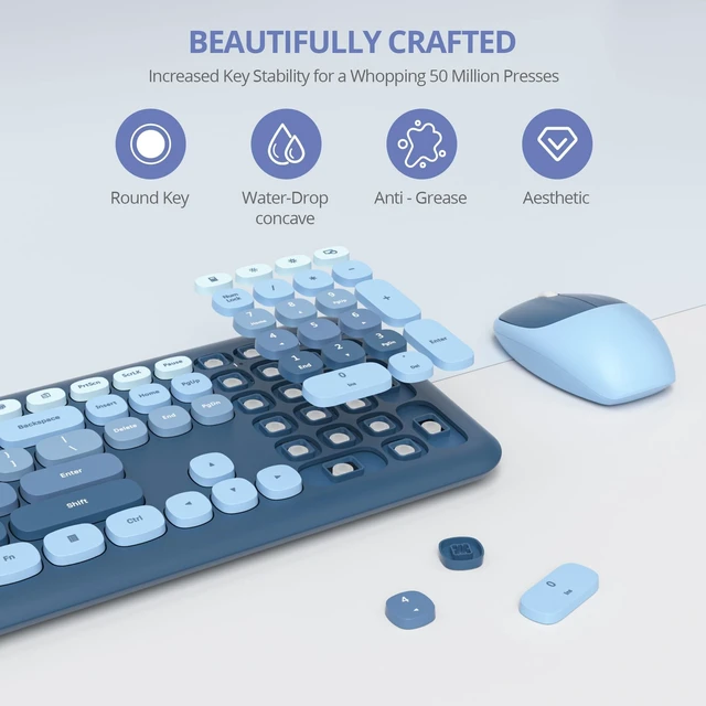 Alt view image 9 of 10 - Vumilstek Colorful Blue Quiet Keyboard and Mouse Wireless, Retro Typewriter 104-Key Fullsize Keyboard Round Keys for Home Office Dorms PC/Laptop/Desktop(Ocean Blue)