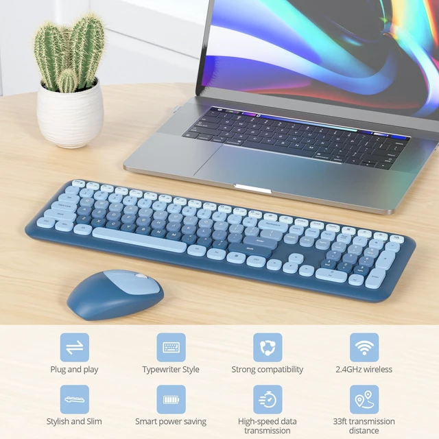 Alt view image 8 of 10 - Vumilstek Colorful Blue Quiet Keyboard and Mouse Wireless, Retro Typewriter 104-Key Fullsize Keyboard Round Keys for Home Office Dorms PC/Laptop/Desktop(Ocean Blue)