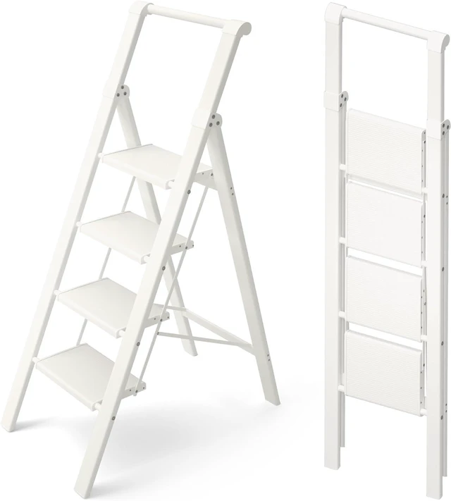 Alt view image 8 of 14 - HillhutApex 4 Step Foldable Aluminum Step Ladder with Handgrip, Anti-Slip Pedal, 330 lbs Capacity, Lightweight & Portable for Home, Kitchen, Office, Garage (White)