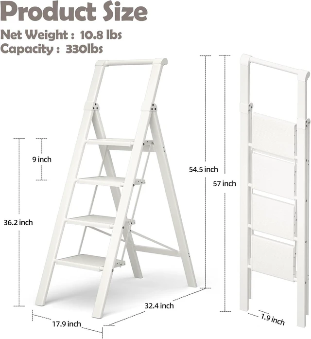 Alt view image 9 of 14 - HillhutApex 4 Step Foldable Aluminum Step Ladder with Handgrip, Anti-Slip Pedal, 330 lbs Capacity, Lightweight & Portable for Home, Kitchen, Office, Garage (White)