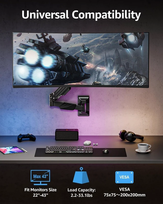 Alt view image 7 of 10 - MOUNTUP Monitor Wall Mount for 22-43 Inch Curved Screens, Holds 2.2 to 33.1 lbs, Ultrawide Computer Monitor Wall Mount, Heavy Duty Wall Monitors Arm, 75x75 mm to 200x200 mm Vesa Mounts