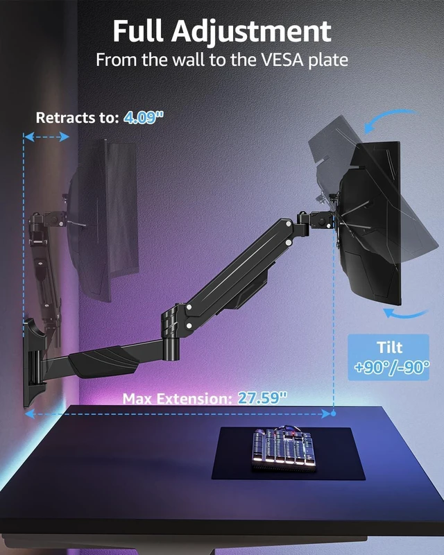 Alt view image 8 of 10 - MOUNTUP Monitor Wall Mount for 22-43 Inch Curved Screens, Holds 2.2 to 33.1 lbs, Ultrawide Computer Monitor Wall Mount, Heavy Duty Wall Monitors Arm, 75x75 mm to 200x200 mm Vesa Mounts